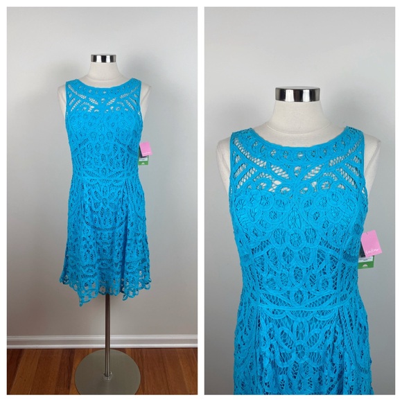 Lilly Pulitzer Batt Your Eyes Turquoise Blue Floral Lace Dress New Medium Preppy
